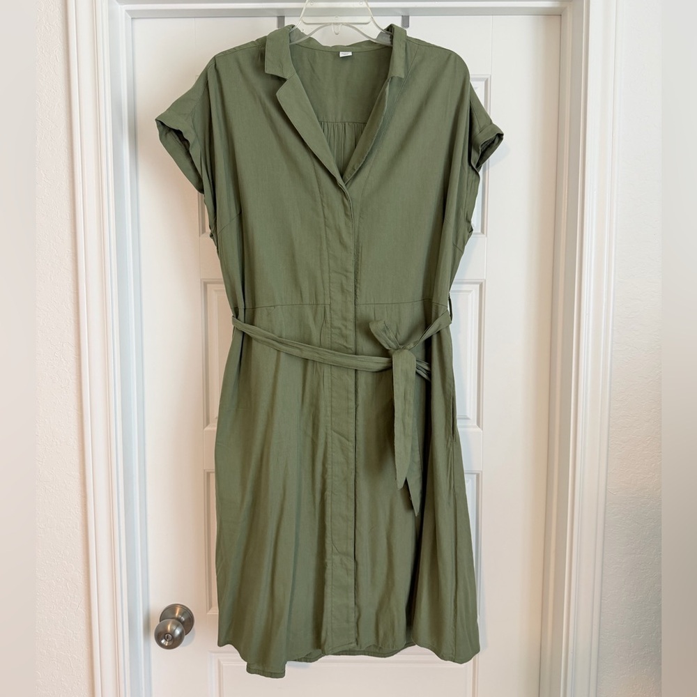 Old Navy Olive Midi Shirt Dress with Tie Waist